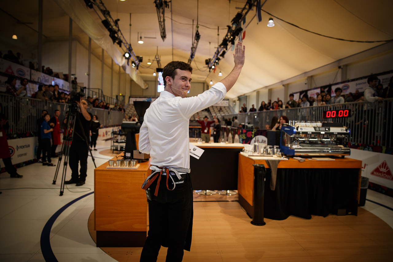 MELBOURNE, 25 May: Matthew PERGER from Australia competing in the semifinals and winning a spot in the final 6 competitors of the 2013 World Barista Championship at the Melbourne Show Grounds in Melbourne, Australia. The national champions of Australia, Italy, Ireland, New Zealand, United States and El Salvador made the final after 3 days of competition with the national barista champions of 52 countries.. Photo Sydney Low / syd-low.com